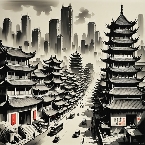 city
Chinese ink painting,
