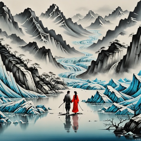 glacier,
Chinese ink painting,
lovers