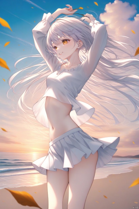 1Girl, solo, outdoor, short skirt, sky, long hair, clouds, navel, fallen leaves, cutting, arms up, short top, smile, abdomen, sky, white short skirt, long sleeves, floating hair, stomach, 


The sea, the beach,

Representative,boutique, Masterpiece, Intricate, 
High Quality, Best Quality, 
4K, 8K,Ultra HD,high res, absurd res,
Full Detail,Exquisite Detail, Super Detail, intricate details,
