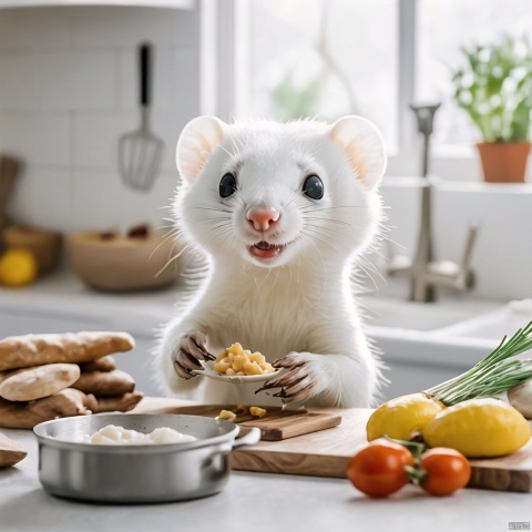  A white weasel is cooking food, in the white kitchen, anthropomorphic, take pictures, shoot with 50mm lens, super high effect