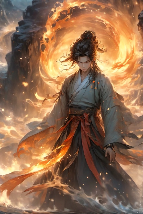  1 boy, upper body, dynamic pose,Hanfu,burning hair, shut up, evening, floating hair, liquid, flowing water, water magic, liquid fire, long hair, looking at the audience, ocean, partially submerged, solo, In front of the dark cave,There is an inverted sword behind him,dark,dark sky,cave,Deep darkness