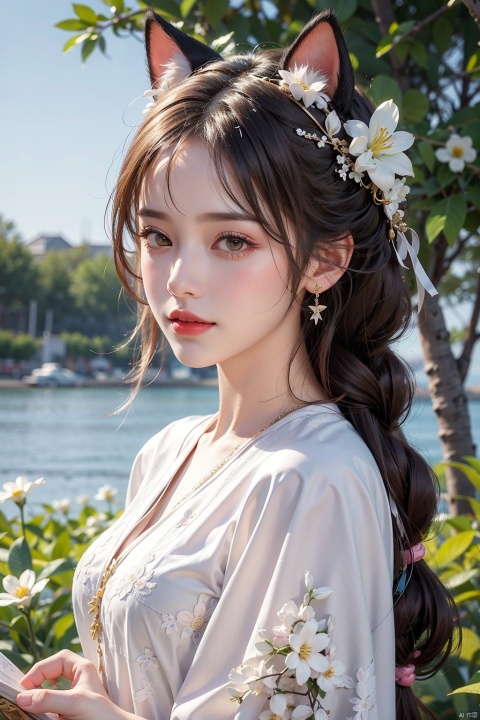  1girl, solo, long hair, looking at viewer, blush, smile, bangs, hair ornament, bow, animal ears, jewelry, yellow eyes, upper body, pink hair, braid, flower, hair bow, hairband, earrings, outdoors, parted lips, alternate costume, cat ears, from side, looking to the side, book, single braid, blue bow, plant, white flower, hair over shoulder, floppy ears, goldenglow \(arknights\), jiqing, 1 girl,moyou