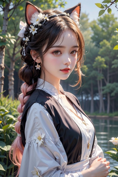  1girl, solo, long hair, looking at viewer, blush, smile, bangs, hair ornament, bow, animal ears, jewelry, yellow eyes, upper body, pink hair, braid, flower, hair bow, hairband, earrings, outdoors, parted lips, alternate costume, cat ears, from side, looking to the side, book, single braid, blue bow, plant, white flower, hair over shoulder, floppy ears, goldenglow \(arknights\), jiqing, 1 girl,moyou