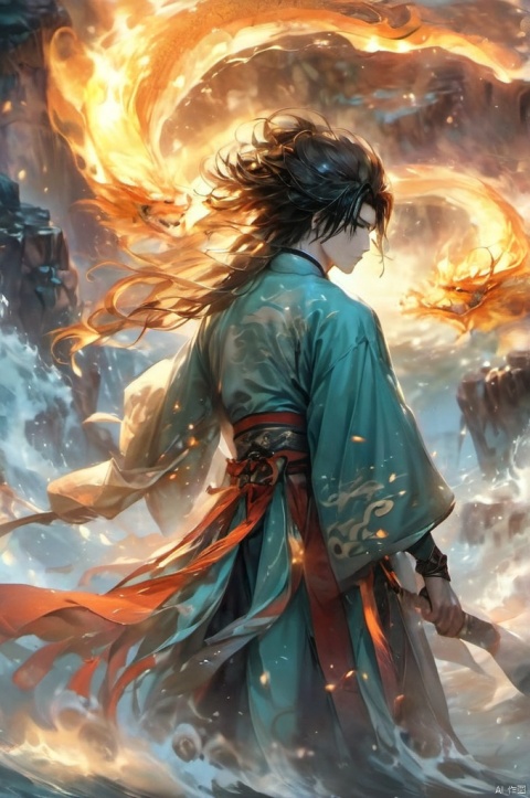 2 boy, upper body, dynamic pose,Hanfu,burning hair, shut up, evening, floating hair, liquid, flowing water, water magic, liquid fire, long hair, looking at the audience, ocean, partially submerged, solo, In front of the dark cave,There is an inverted sword behind him,dark,dark sky,cave,Deep darkness