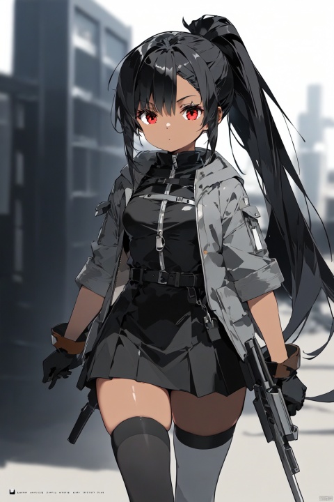 2girls, blurry, blurry_foreground, breasts, character_name, copyright_name, dark-skinned_female, dark_skin, depth_of_field, gloves, grey_hair, gun, holding, holding_weapon, jacket, large_breasts, letterboxed, long_hair, medium_breasts, multiple_girls, ponytail, red_eyes, skirt, thighhighs, very_long_hair, weapon