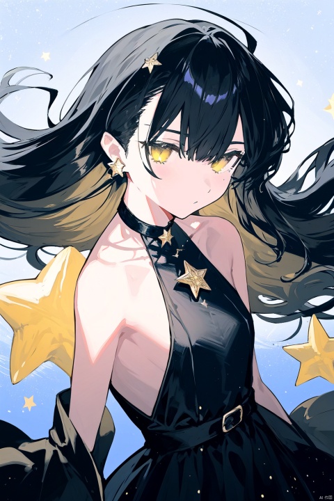 1girl, black_hair, breasts, dress, earrings, floating_hair, jewelry, long_hair, ribbon, saint_quartz_\(fate\), seashell, sleeveless, solo, star_\(symbol\), star_choker, star_earrings, star_hair_ornament, star_necklace, star_pasties, star_print, starfish, starry_background, starry_sky_print, very_long_hair, yellow_eyes