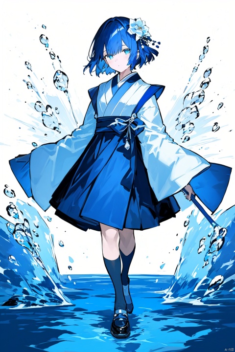 1girl, blue_eyes, blue_footwear, blue_hair, blue_skirt, cover, flower, holding, japanese_clothes, long_sleeves, short_hair, skirt, socks, water, wide_sleeves