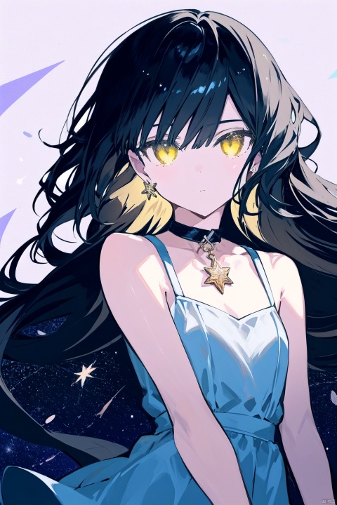 1girl, black_hair, breasts, dress, earrings, floating_hair, jewelry, long_hair, ribbon, saint_quartz_\(fate\), seashell, sleeveless, solo, star_\(symbol\), star_choker, star_earrings, star_hair_ornament, star_necklace, star_pasties, star_print, starfish, starry_background, starry_sky_print, very_long_hair, yellow_eyes