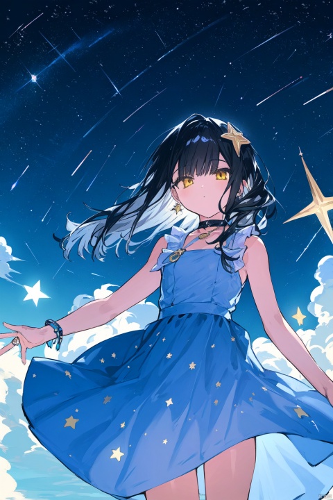 1girl, black_hair, breasts, dress, earrings, floating_hair, jewelry, long_hair, ribbon, saint_quartz_\(fate\), seashell, sleeveless, solo, star_\(symbol\), star_choker, star_earrings, star_hair_ornament, star_necklace, star_pasties, star_print, starfish, starry_background, starry_sky_print, very_long_hair, yellow_eyes