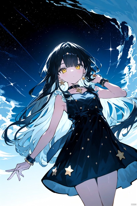 1girl, black_hair, breasts, dress, earrings, floating_hair, jewelry, long_hair, ribbon, saint_quartz_\(fate\), seashell, sleeveless, solo, star_\(symbol\), star_choker, star_earrings, star_hair_ornament, star_necklace, star_pasties, star_print, starfish, starry_background, starry_sky_print, very_long_hair, yellow_eyes