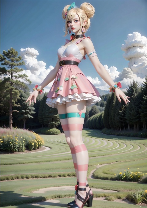  SSX,1girl,solo,thighhighs,blonde hair,blue eyes,striped,double bun,hair bun,earrings,jewelry,dress,food,looking at viewer,fruit,collar,strawberry,hair ornament,shoes,bow,multicolored hair,black footwear,zettai ryouiki,skirt,belt,food-themed hair ornament,
magical girl,
black bow,leg ribbon,white thighhighs,thighs,
outdoors,scenery,tree,sky,cloud,day,grass,flower,nature,blue sky,field,forest,landscape,cloudy sky,yellow flower,, (raw photo:1.2),((photorealistic:1.4))best quality,masterpiece,illustration,an extremely delicate and beautiful,extremely detailed,CG,unity,8k wallpaper,Amazing,finely detail,masterpiece,best quality,official art,extremely detailed CG unity 8k wallpaper,absurdres,incredibly absurdres,huge filesize,ultra-detailed,highres,extremely detailed,beautiful detailed girl,cinematic lighting,1girl,pale skin,tall female,(perfect body shape),skinny body,Slender legs,, pale skin,tall man,long legs,thin leg,
