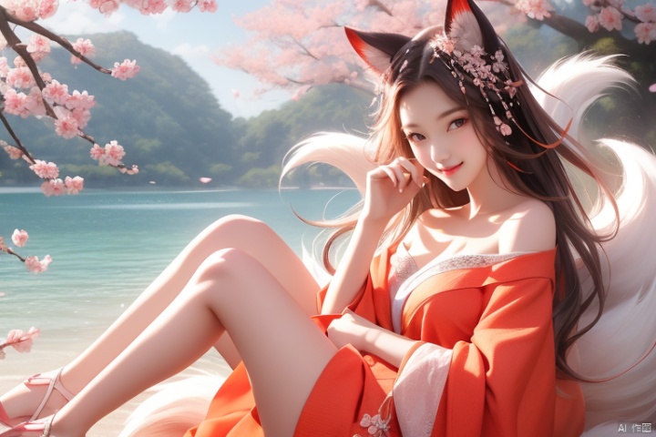  hunv, orange tails, 1girl,breast,off shoulder,delicate face,smile,pretty legs,best light and shadow,cherry_blossom