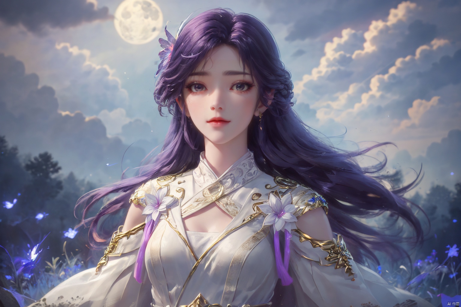  ((4k,masterpiece,best quality)), professional camera, 8k photos, wallpaper
1 girl, solo,purple hair,ethereal fairy, floating on clouds, sparkling gown with iridescent butterfly wings, holding a magic wand, surrounded by dancing fireflies, twilight sky, full moon, mystical forest in the background, glowing mushrooms, enchanted flowers, softly illuminated by bioluminescence, serene expression, delicate features with pointed ears, flowing silver hair adorned with tiny stars, gentle breeze causing her dress and hair to flow ethereally, dreamlike atmosphere, surreal color palette, high dynamic range lighting, intricate details, otherworldly aesthetic.