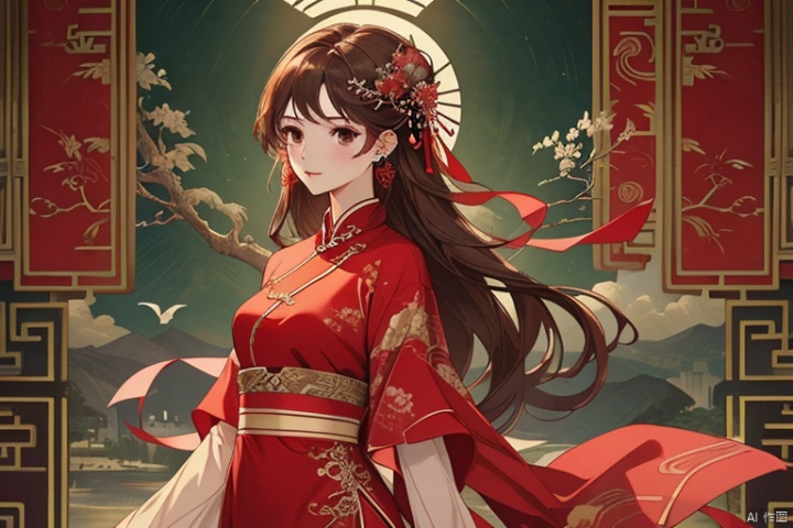  (masterpiece, top quality, best quality, official art, beautiful and aesthetic:1.2),gf-hd, 1girl, solo, hair ornament, very long hair,jewelry, dress, red dress, earrings, chinese clothes, brown hair, ribbon, hanfu, red ribbon, shawl