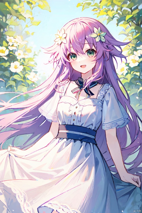  neptune,(best quality),(masterpiece),1girl, flower,white dress, solo, smile, open mouth, looking at viewer, bangs, white flower, green eyes,
, ***** neptune, ((poakl)),