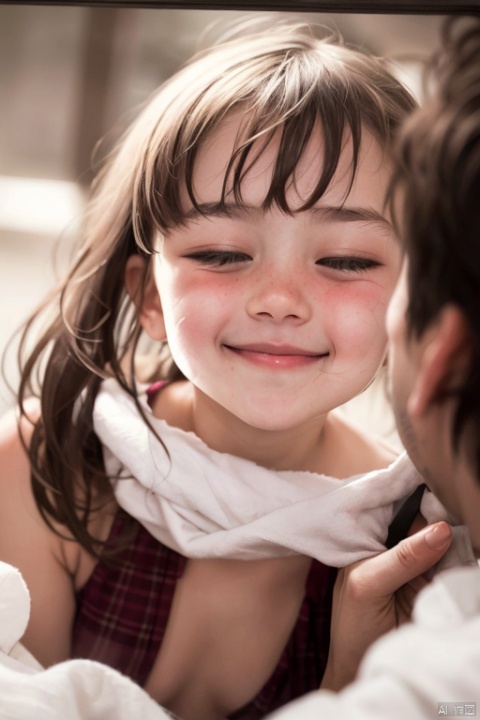 A tender moment captured on film. The shot frames the girl's closed eyes and lifted cheek, while her face is gently wiped clean by the boy's soft cloth. Soft focus captures the subtle blush rising to her cheeks as she smiles shyly. Her cherry lips glisten with anticipation, and a sweet scent wafts through the air.
