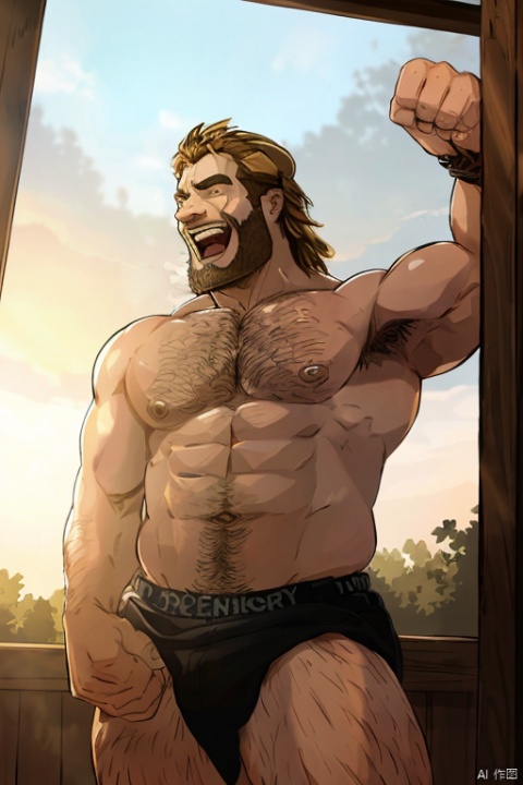 A robust male figure stands tall, his rugged features resembling a majestic lion's head. His booming laughter echoes through the scene, as if thunder has struck. The warm golden light of a sunset casts long shadows behind him, while the rustic wooden fence and lush greenery in the background add depth to the composition. The subject's powerful stance and mighty roar command attention, as if he's about to unleash his wild energy onto the world.