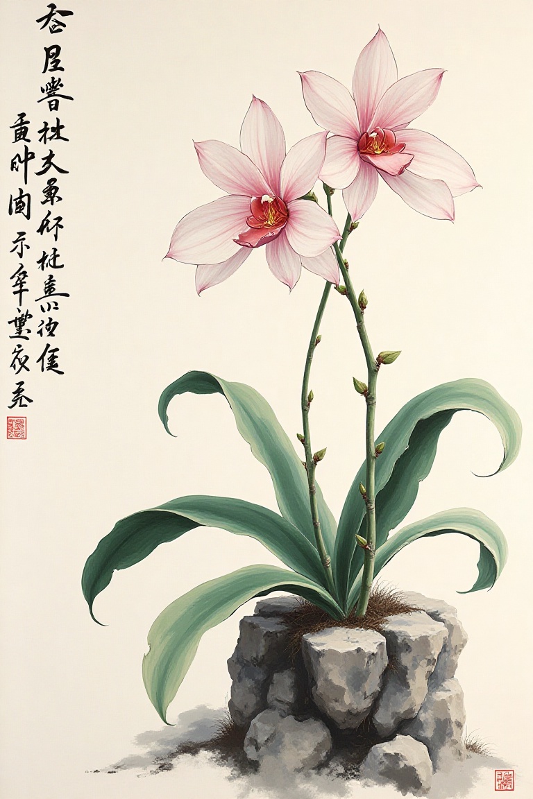 Orchid growing from rocky crevice,  Chinese literati ink painting,  elegant curved leaves in flowing brushwork by CoolAIma...