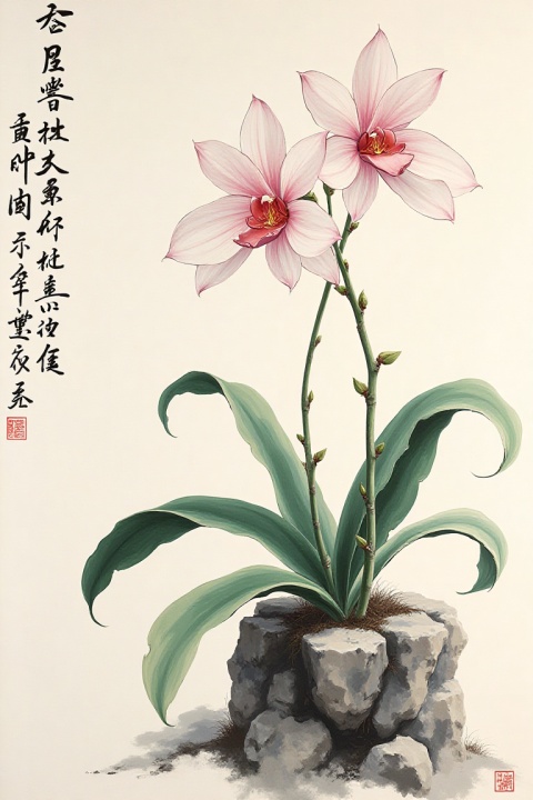 Orchid growing from rocky crevice, Chinese literati ink painting, elegant curved leaves in flowing brushwork
