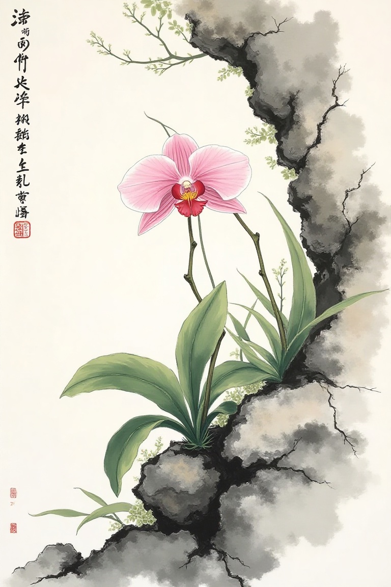 Orchid growing from rocky crevice,  Chinese literati ink painting,  elegant curved leaves in flowing brushwork by CoolAIma...