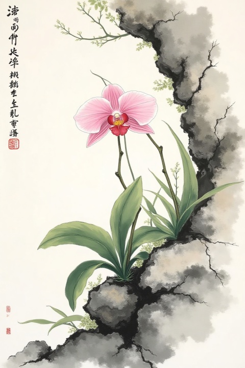 Orchid growing from rocky crevice, Chinese literati ink painting, elegant curved leaves in flowing brushwork
