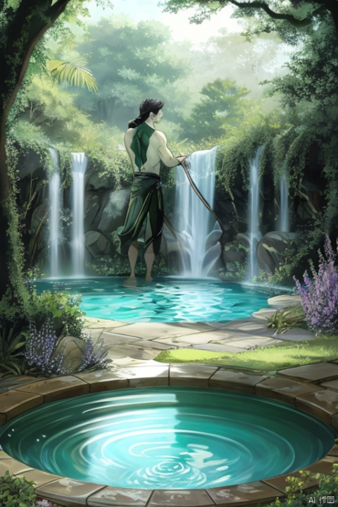 A tranquil scene unfolds: a single raindrop glides down the leaf's tip, landing with a clear, bell-like tone into the Jade Pearl Pool. The water rippled and churned like mercury, yet remained unvaporized, as if suspended in time. Framed by lush greenery, the pool's gentle lapping against its stone edges harmonizes with the soothing melody of nature.