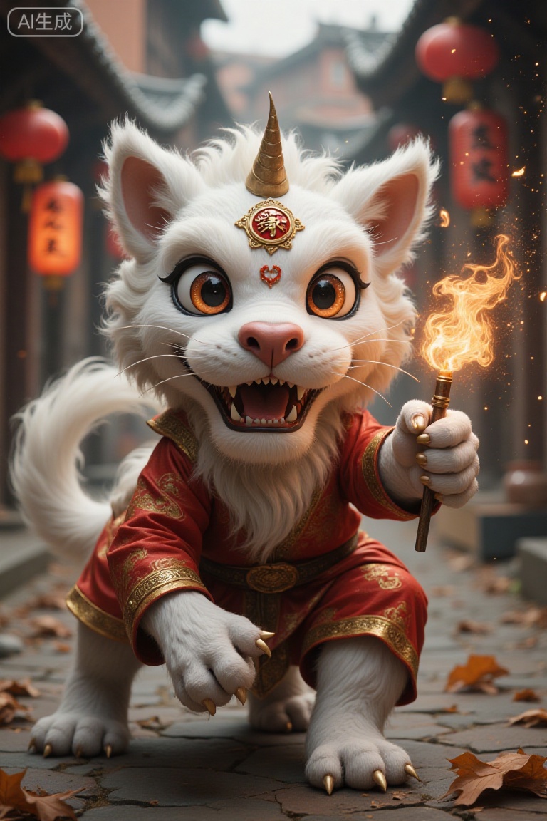It has the body of a lion and the head of a dog, with snow-white hair, a single horn on the top of its head, and big copper bell eyes. Spring couplets/red lanterns (nemesis), firecrackers/fireworks (driving tools), "福" stickers. Haunted on New Year's Eve, afraid of noise and red, and besieged by "Shou Sui".