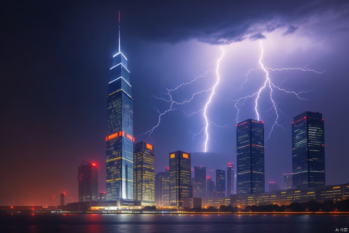 outdoors, sky, no humans, Suzhou Oriental Gate buildings, skyscrapers, Jinji Lake, thunder and lightning night, heavy rain, cityscape, skyscraper,,Raiden,thunder and light,darkblue theme,BlueTech