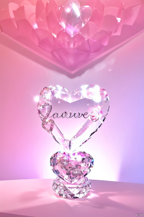 love heart,love heart shape, a big crystal rose in a vase, crystal english text\(LOVE),crystal vase, no humans,gift box, ,pink theme, still life, ,pink fantasy ,fantasy red rose in the backround, crystal necklace,big diamond heart,CNliuli