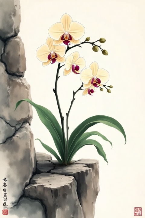 Orchid growing from rocky crevice, Chinese literati ink painting, elegant curved leaves in flowing brushwork
