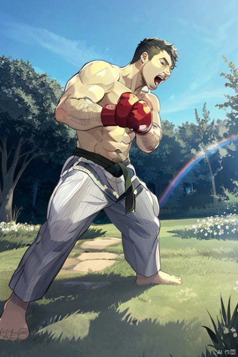 1boy, is practicing martial arts on the lawn, his waist is like a bow, his fists are like arrows, his arms are like whips, his fists and feet are down, his mouth is screaming, his momentum is like a rainbow, CNJOJI