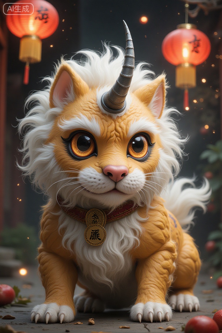 It has the body of a lion and the head of a dog, with snow-white hair, a single horn on the top of its head, and big copper bell eyes. Spring couplets/red lanterns (nemesis), firecrackers/fireworks (driving tools), "福" stickers. Haunted on New Year's Eve, afraid of noise and red, and besieged by "Shou Sui".