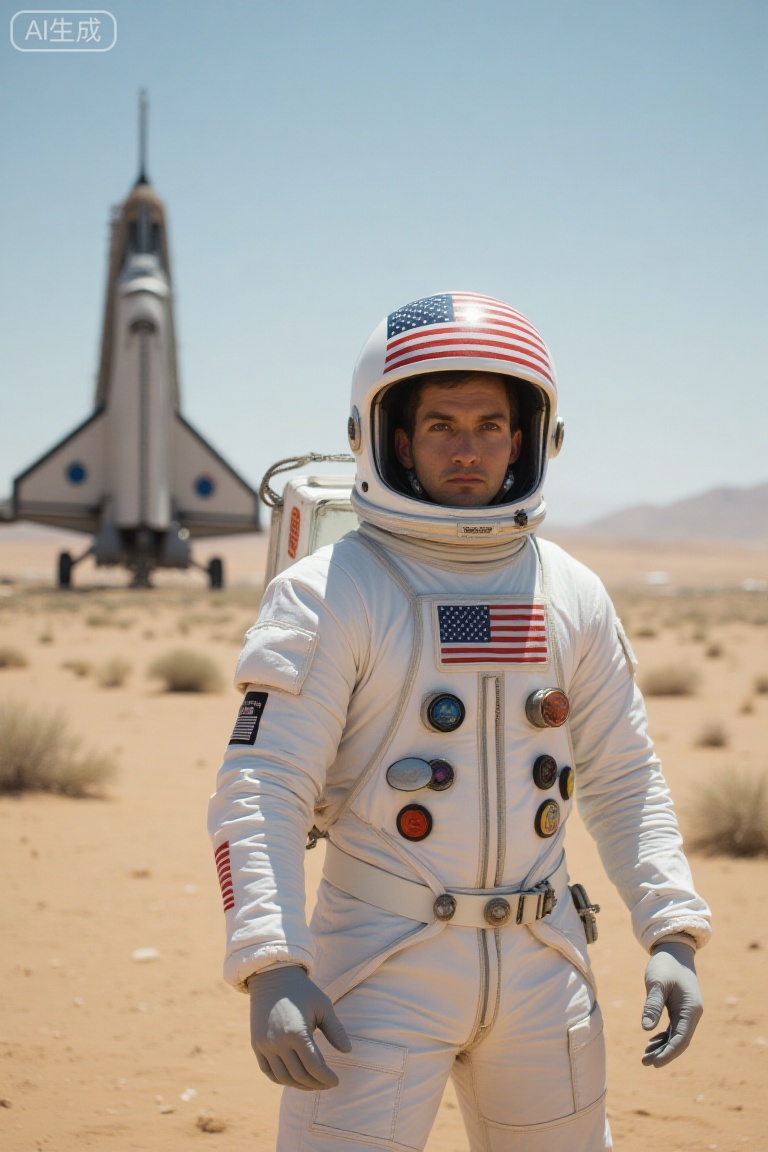 a man in a white space suit stands in the foreground,  looking at the viewer. His helmet is adorned with an American flag,  adding a pop of color to the scene. In the background,  a spaceship is positioned in the desert,  adding to the overall composition.
