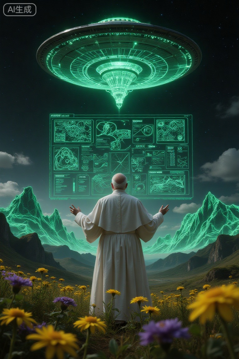 A surreal and cinematic vertical shot of an elderly figure dressed in pristine white papal robes, standing amidst a lush, hyper-realistic field of yellow and purple wildflowers. The figure stands with his back to the camera, overlooking a vast, dark landscape that is being rendered as a glowing green digital wireframe topography. A massive, complex holographic control panel floats in the air before him, displaying intricate schematics, data streams, and map coordinates in neon green and cyan. Above the digital mountains, a colossal circular mothership hovers, also depicted as a translucent wireframe structure. The scene is a blend of organic reality and digital simulation. The green light from the holograms casts a soft, eerie glow onto the white fabric of the robes and the petals of the flowers. 8k resolution, volumetric lighting, simulation theory aesthetic, highly detailed textures.