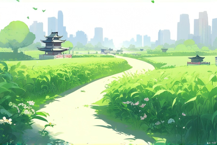 by chi4, (score_9,score_8_up,score_7_up,score_6_up,score_5_up), ancient chinese style, The distant fragrance invades the ancient path, The sunny green connects the desolate city
