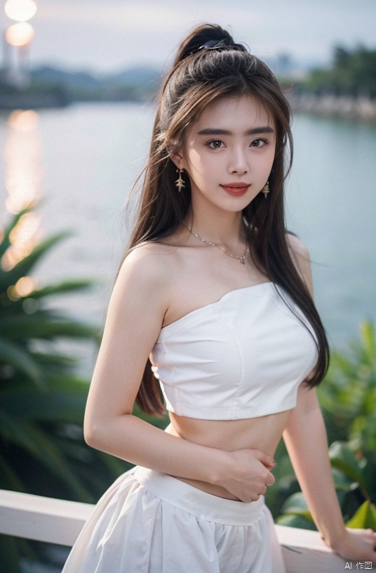  (Good structure),cowboy_shot, DSLR Quality,Depth of field ,looking_at_viewer,Dynamic pose, , kind smile,,
1girl, solo, long hair, , looking at viewer, skirt, hair ornament, bare shoulders, jewelry, , black hair, earrings, outdoors, midriff, water, necklace, lips, crop top, grey eyes, leaning forward, ocean, white skirt, strapless vest, sunset, sun, wangzuxian, molika