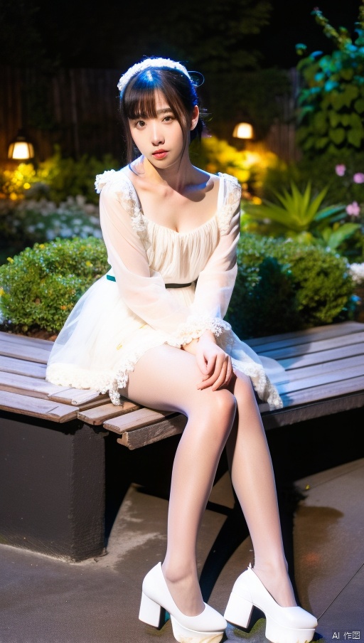  1girl, solo, pantyshot,dress,sitting, pantyhose, long hair,platform, platform footwear, brown hair, shoes, full body, lolita fashion,white footwear, outdoors, frills,bangs,long sleeves,see-through, natural skin pantyhose, deep in the garden,night,looking_at_viewer,short hair, collarbone,breasts,sharply limbs,sitting on bench,, ribbon,
