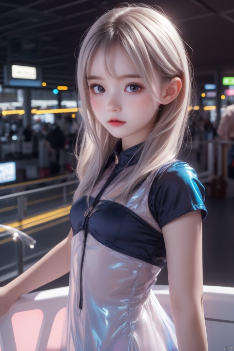  rich colors,(upper body:1.2),high gloss,extremely beautiful skin,natural skin texture,(pale skin, real_skin),(Milky skin:1.2),(shiny skin:1.4),cinematic light,fantasy,highres,highest quallity,Short pink and white hair held,eyes with light,model pose,Stiletto Boots,professional lighting,large aperturing,atmosphere,candid shots,neon lighting,hologram dress with blue and purple fabric,transparent/translucent medium,photorealistic,(airport:1.2),(child:1.6),(little girl:1.7),(cute kid:1.5),(8yo:1.5),