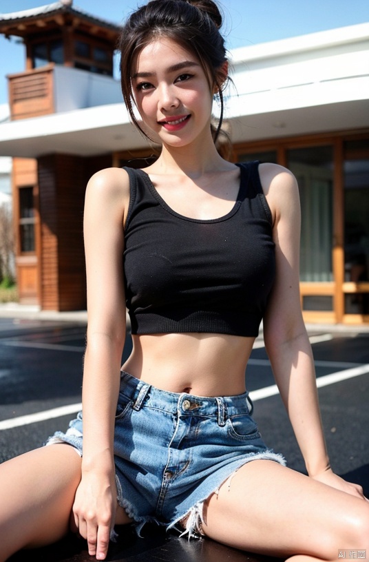 (8K、Raw photography、Your face is illuminated by lights、top-quality、outside of house、Shunguang、Bright lighting front gym sitting、​masterpiece:1.2)、(realisitic、Photorealsitic:1.37)、Ultra mini skirt、a girl beautiful, in Viet Nam, Open your legs to the left and right、Open your legs wide from side to side、Short clothing、White shorts、skirt by the、ultra-detailliert、Full body posture、Beautiful constriction、Leather Green **** Top、Sleeveless、large boob、large udder、A high resolutio, Denim skirt、Low-rise miniskirt、Beautiful navel、beautiful thigh、Beautiful bust、flaxen ponytail、Short clothing、see the beholder、beautifull detailed face、A smile、Constriction、(Slim waist) :1.3)、The shirt、Beautiful detailed skin、Skin Texture、floated hair、profetional lighting、, wangyushan, blackpantyhose