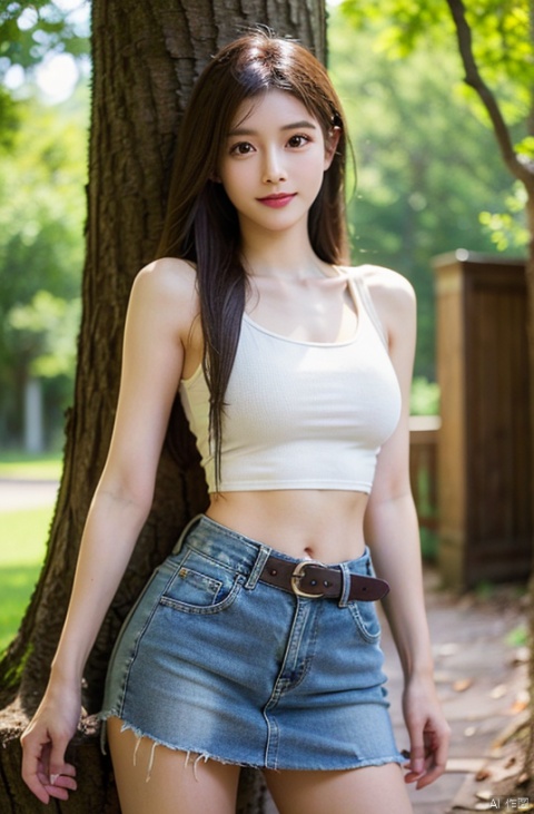  best quality, masterpiece, cowboy_shot,(Good structure), DSLR Quality,Depth of field,kind smile,looking_at_viewer,Dynamic pose,
 1girl, 3d, bare_shoulders, belt, blurry, blurry_background, blurry_foreground, branch, , , , collarbone, *******_photo, denim, denim_skirt, depth_of_field, , lips, long_hair, looking_at_viewer, midriff, miniskirt, motion_blur, navel, outdoors, photo_\(medium\), realistic, skirt, solo, standing, tree, , , , , , tifa lockhart