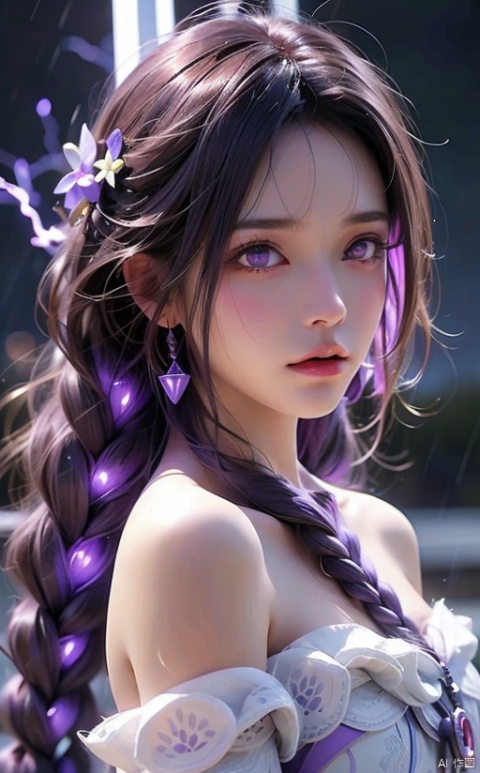  1girl,urple hair, purple eyes, (blue fire,magic),(glowing eyes:1.3), chest,electricity, lightning, purple magic, aura,Close-up,Off Shoulder,Front view, backlight,looking at viewer,braids,very long hair,hair flowe,tarry sky ,water,Rain,night,