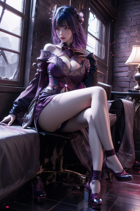  1 girl, purple hair, big breasts, sitting posture, whole body, indoors, high heels, crossed legs, white lace dress,Hair accessories, tattoo charmer