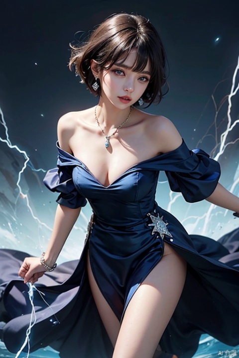 1girl,Bangs, off shoulder, black hair, blue dress, blue eyes, chest, earrings, dress, earrings, floating hair, jewelry, sleeveless, short hair,Looking at the observer, parted lips, pierced,energy,electricity,magic,
