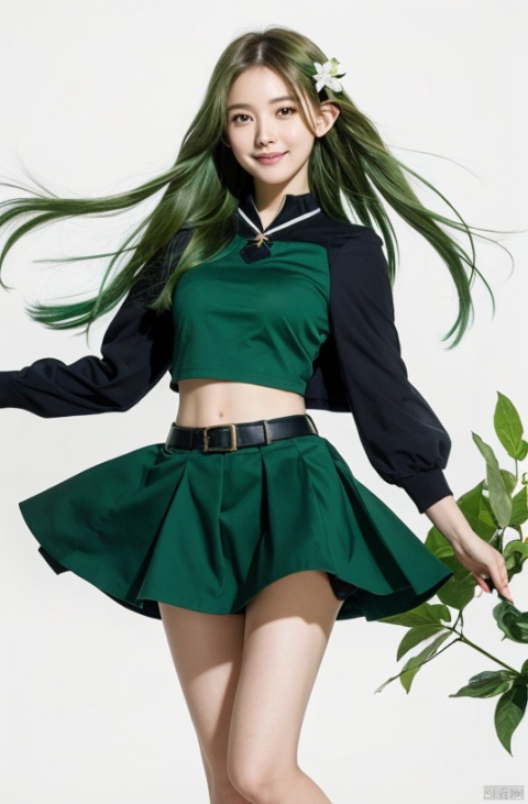  best quality, masterpiece, full_body,(Good structure), DSLR Quality,Depth of field,kind smile,looking_at_viewer,Dynamic pose, 
 [(white background:1.4)::4], solo
solo, 1girl, elf, 
green eyes,, floating hair, green gradient hair,
, (cropped torso),
looking at viewer, expressionless,sideways,
white background, fantasy, aster, garden, green leaves, fflogo, azur lane,