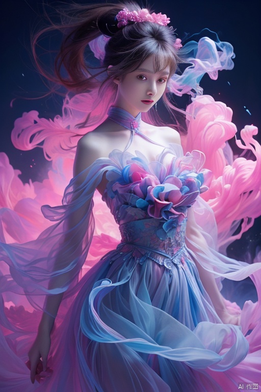  best quality, masterpiece, cowboy_shot,(Good structure), DSLR Quality,Depth of field,kind smile,looking_at_viewer,Dynamic pose, 
 Surrealism Dream Style,glowing neon color,RAW photo,at night,1girl,solo,sea,black hair,ponytail,looking at viewer,long hair,up,lips,sash,water splaashing,hair ornament,realistic,wide sleeves,hanfu,long dress,Semi transparent gauze skirt,surrealist,Best quality,masterpiece,ultra high res,Petal skirt,wind,flowers,bloom,Clouds,smoke,neon lights, 80sDBA style, 1 girl, , , wangyushan
