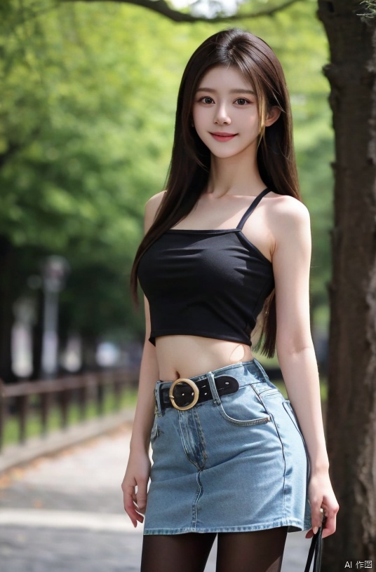  best quality, masterpiece, cowboy_shot,(Good structure), DSLR Quality,Depth of field,kind smile,looking_at_viewer,Dynamic pose,
 1girl, 3d, bare_shoulders, belt, blurry, blurry_background, blurry_foreground, branch, , , , collarbone, *******_photo, denim, denim_skirt, depth_of_field, , lips, long_hair, looking_at_viewer, midriff, miniskirt, motion_blur, navel, outdoors, photo_\(medium\), realistic, skirt, solo, standing, tree, , , , blackpantyhose, , , , , , , , , xuner