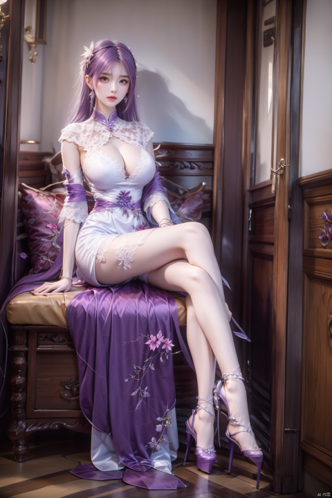  1 girl, purple hair, big breasts, sitting posture, whole body, indoors, high heels, crossed legs, white lace dress,Hair accessories, tattoo charmer