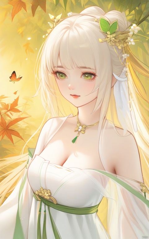  (masterpiece),(best quality),1girl,solo,long hair,green eyes,blonde hair,hair ornament,bare shoulders,hanfu,breasts,dress,chinese clothes,white hair,upper body,leaf,bug,cleavage,white dress,,