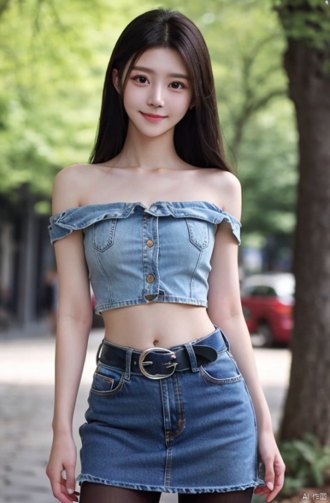  best quality, masterpiece, cowboy_shot,(Good structure), DSLR Quality,Depth of field,kind smile,looking_at_viewer,Dynamic pose,
 1girl, 3d, bare_shoulders, belt, blurry, blurry_background, blurry_foreground, branch, , , , collarbone, *******_photo, denim, denim_skirt, depth_of_field, , lips, long_hair, looking_at_viewer, midriff, miniskirt, motion_blur, navel, outdoors, photo_\(medium\), realistic, skirt, solo, standing, tree, , , , blackpantyhose, , , , , , , , , xuner
