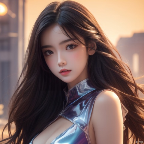  rich colors,(upper body:1.2),high gloss,extremely beautiful skin,natural skin texture,(pale skin, real_skin),(Milky skin:1.2),(shiny skin:1.4),orange background,cinematic light,fantasy,highres,highest quallity,eyes with light,model pose,Stiletto Boots,professional lighting,large aperturing,atmosphere,candid shots,neon lighting,hologram dress with blue and purple fabric,transparent/translucent medium,photorealistic,(1girl:1.7),(20yo:1.5),